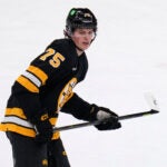 Boston Bruins left wing Lukas Reichel follows a play during the second period of an NHL hockey game against the Winnipeg Jets, Thursday, March 19, 2026, in Boston.