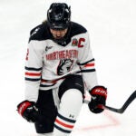 Northeastern forward Lily Shannon (2) celebrate a goal against Boston College during the third period of the Dunkin’ Women’s Beanpot consolation game at TD Garden on January 20, 2026 in Boston.