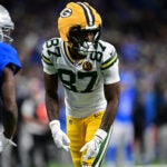 Green Bay Packers wide receiver Romeo Doubs lines up during the second half of an NFL football game against the Detroit Lions in Detroit, Thursday, Nov. 27, 2025.