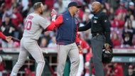 Trevor Story reacts to strike three call that got Alex Cora ejected
