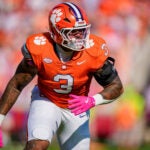 Clemson defensive end T.J. Parker (3) plays during an NCAA college football game between Clemson and SMU, Saturday, Oct. 18, 2025, in Clemson, S.C.