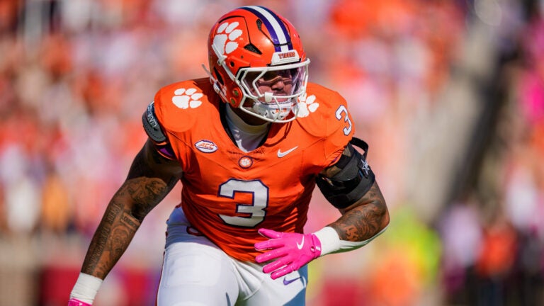Clemson defensive end T.J. Parker (3) plays during an NCAA college football game between Clemson and SMU, Saturday, Oct. 18, 2025, in Clemson, S.C.