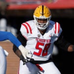 American Team offensive lineman Max Iheanachor (58), of Arizona State, during the second half of the Senior Bowl NCAA college football game Saturday, Jan. 31, 2026, in Mobile, Ala.