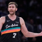 San Antonio Spurs' Luke Kornet reacts to a call during the first half of an NBA basketball game against the New York Knicks Sunday, March 1, 2026, in New York.