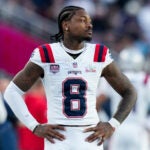 New England Patriots wide receiver Stefon Diggs pauses during the first half of the NFL Super Bowl 60 football game against the Seattle Seahawks, Sunday, Feb. 8, 2026, in Santa Clara, Calif.