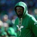 PHILADELPHIA, PENNSYLVANIA - OCTOBER 26: A.J. Brown #11 of the Philadelphia Eagles looks on during warmups prior to the game against the New York Giants at Lincoln Financial Field on October 26, 2025 in Philadelphia, Pennsylvania.