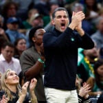 Boston, MA- 10/22/25- Boston Celtics owner Bill Chisholm reacts during the third quarter at TD Garden on Oct. 22, 2025.