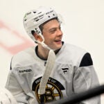 James Hagens, the Bruins’ 7th overall draft pick, smiles during a break during the first day of Bruins Development Camp at Warrior Arena in Brighton on Monday, June 30, 2025.