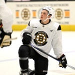 James Hagens, the Bruins’ 7th overall draft pick, takes a knee during the first day of Bruins Development Camp at Warrior Arena in Brighton on Monday, June 30, 2025.
