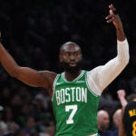 Boston Celtics guard Jaylen Brown (7) reacts after draining a three during the 1st quarter. The Boston Celtics hosted the Golden State Warriors Wednesday, March 18, 2026 at TD Garden in Boston, MA.