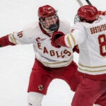 Boston College's Lukas Gustafsson #8 celebrate his goal with teammate James Hagens #10 against Boston University during second period action during the Beanpot final at TD Garden on February 9, 2026.