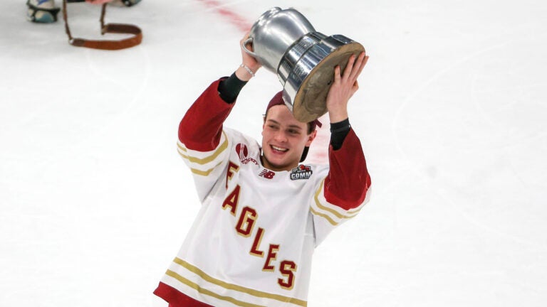 James Hagens #10 holding the Beanpot trophy after their 6-2 win over Boston University winning the Beanpot at TD Garden on February 9, 2026.
