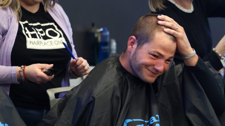 Patriots QB Drake Maye, had his head shaved by hair stylist Katherine Coughlin at Granite’s Saving by Shaving event benefiting Boston Children’s Hospital. They are photographed in QUINCY ,MA on Tuesday March 31 , 2026.