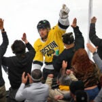 Boston Bruins vs Washington Capitals-Bruins Viktor Arvidsson celebrates his 3rd period goal with the fans to put the Bruins ahead, 2-1.