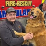 Ziggy the dog stopped by the Campton-Thornton Fire Department to thank them for saving his life.