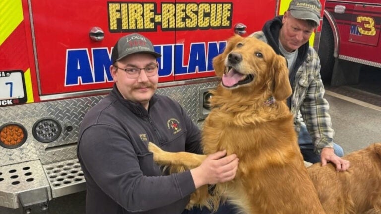 Ziggy the dog stopped by the Campton-Thornton Fire Department to thank them for saving his life.