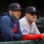 BALTIMORE, MD - APRIL 26: Interim Manager Chad Tracy of the Boston Red Sox, left and Interim Third Base Coach Chad Epperson #81 look out over the field before their game against the Baltimore Orioles at Oriole Park at Camden Yards on April 26, 2026 in Baltimore, Maryland.
