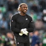 Philadelphia Eagles wide receiver A.J. Brown looks on during pre-game warm-ups before an NFL wild card playoff football game against the San Francisco 49ers, Sunday, Jan. 11, 2026, in Philadelphia.