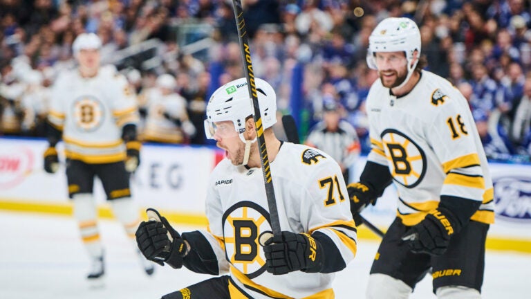 Boston Bruins' Viktor Arvidsson (71) celebrates his goal against the Toronto Maple Leafs during the first period of an NHL hockey game in Toronto on Saturday, Nov. 8, 2025.