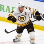 Boston Bruins right wing David Pastrnak (88) celebrates his goal during the overtime period in Game 5 of a first-round NHL hockey Stanley Cup playoff series against the Buffalo Sabres Tuesday, April 28, 2026, in Buffalo, N.Y. (