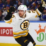 Boston Bruins left wing Viktor Arvidsson (71) celebrates his goal during the second period in Game 2 of a first-round NHL hockey Stanley Cup playoff series against the Buffalo Sabres Tuesday, April 21, 2026, in Buffalo, N.Y. (