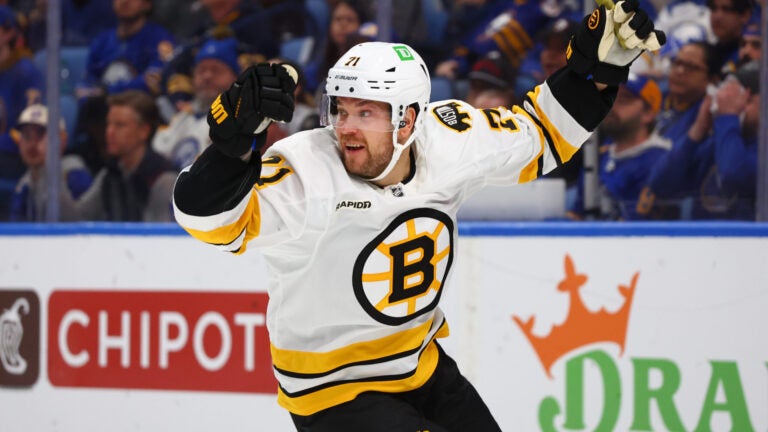 Boston Bruins left wing Viktor Arvidsson (71) celebrates his goal during the second period in Game 2 of a first-round NHL hockey Stanley Cup playoff series against the Buffalo Sabres Tuesday, April 21, 2026, in Buffalo, N.Y. (