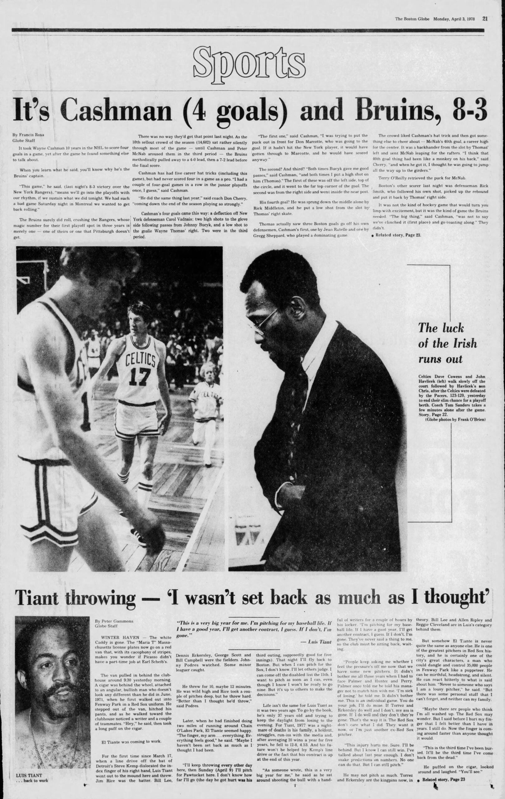 Boston Globe Sports Bruins Celtics 1978