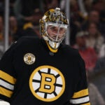 Boston Bruins goaltender Jeremy Swayman during an NHL hockey game against the Seattle Kraken Thursday, Jan. 15, 2026, in Boston.