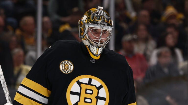 Boston Bruins goaltender Jeremy Swayman during an NHL hockey game against the Seattle Kraken Thursday, Jan. 15, 2026, in Boston.