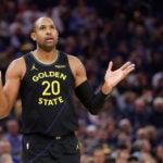 Golden State Warriors center Al Horford gestures between plays during the first half of an NBA basketball game against the Denver Nuggets, Sunday, Feb. 22, 2026, in San Francisco.