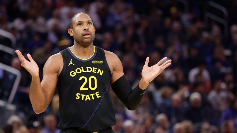 Golden State Warriors center Al Horford gestures between plays during the first half of an NBA basketball game against the Denver Nuggets, Sunday, Feb. 22, 2026, in San Francisco.