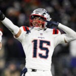 New England Patriots linebacker Marte Mapu (15) in action during the second half of an NFL football game against the Baltimore Ravens, Sunday, Dec. 21, 2025, in Baltimore.