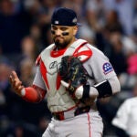 Boston Red Sox catcher Carlos Narvaez (75) reacts after New York Yankees second baseman Jazz Chisholm Jr. (not pictured) scores during the eighth inning of Game 2 of the Wild Card playoff series at Yankee Stadium on Oct. 1, 2025, in New York.