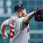 Boston Red Sox starting pitcher Garrett Crochet throws during the first inning of a baseball game against the Houston Astros, Wednesday, April 1, 2026, in Houston.