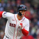 Boston Red Sox's Roman Anthony runs toward first base in the fifth inning of a baseball game against the San Diego Padres, Saturday, April 4, 2026, in Boston.