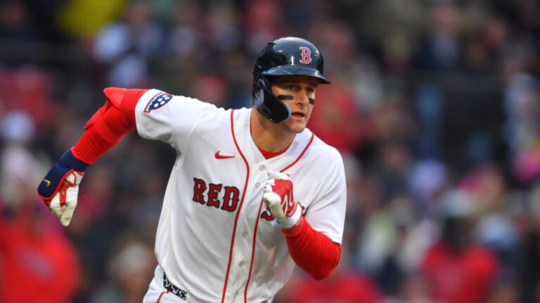 Boston Red Sox's Roman Anthony runs toward first base in the fifth inning of a baseball game against the San Diego Padres, Saturday, April 4, 2026, in Boston.