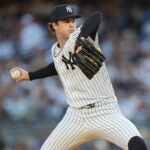 New York Yankees' Cam Schlittler pitches during the first inning of a baseball game against the Kansas City Royals Friday, April 17, 2026, in New York. (AP Photo/Frank Franklin II)
