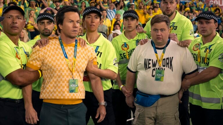 New on streaming for April 2026: Brad (Mark Wahlberg) and Elijah (Paul Walter Hauser) in "Balls Up."