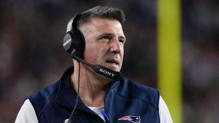 New England Patriots head coach Mike Vrabel walks along the sideline during the second half of the NFL Super Bowl 60 football game against the Seattle Seahawks, Sunday, Feb. 8, 2026, in Santa Clara, Calif.