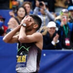 Zouhair Talbi of the United States crosses the finish line during the Boston Marathon on Monday, April 20, 2026.