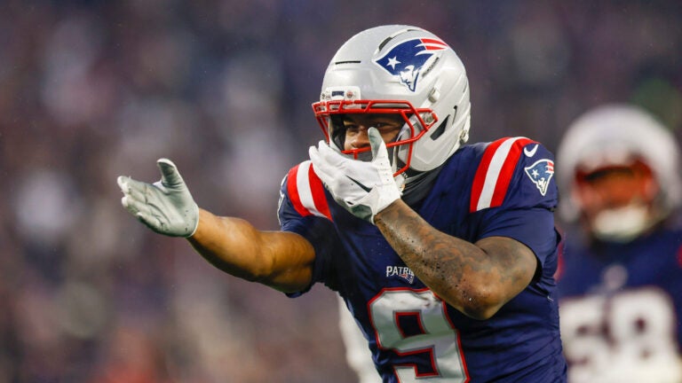 New England Patriots wide receiver Kayshon Boutte (9) reacts during the first half of an NFL divisional playoff football game against the Houston Texans, Sunday, Jan. 18, 2026, in Foxborough, Mass.