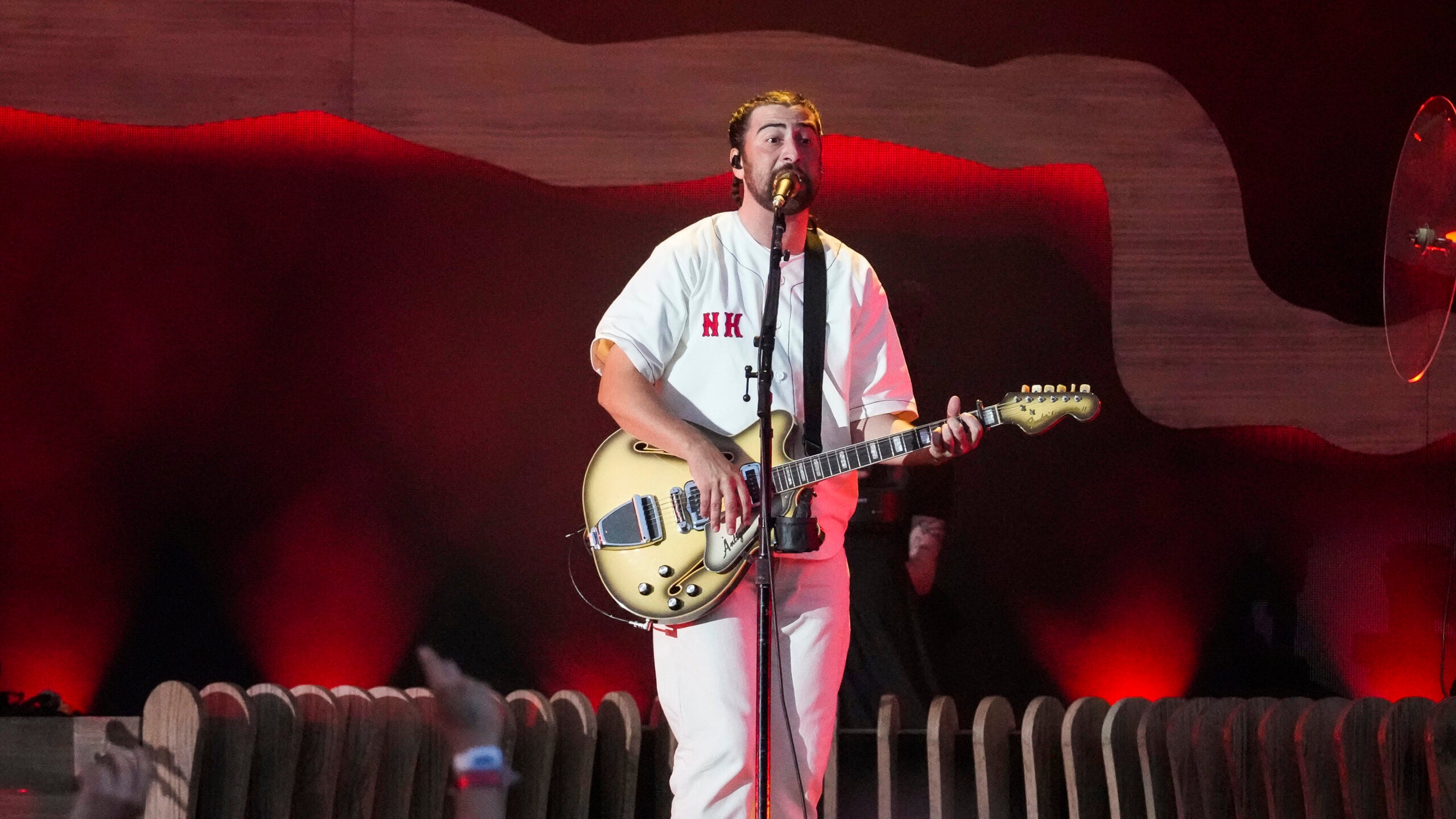 Noah Kahan performs during his “We’ll All Be Here Forever Tour” at Fenway Park in Boston on July 18, 2024.