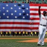 BOSTON, MA - APRIL 20: David Ortiz #34 of the Boston Red Sox speaks during a pre-game ceremony in honor of the bombings of Marathon Monday before a game at Fenway Park on April 20, 2013 in Boston, Massachusetts.