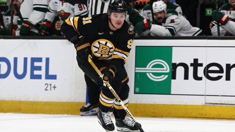 Boston Bruins' Nikita Zadorov during an NHL hockey game against the Minnesota Wild Saturday, March 28, 2026, in Boston. (AP Photo/Winslow Townson)
