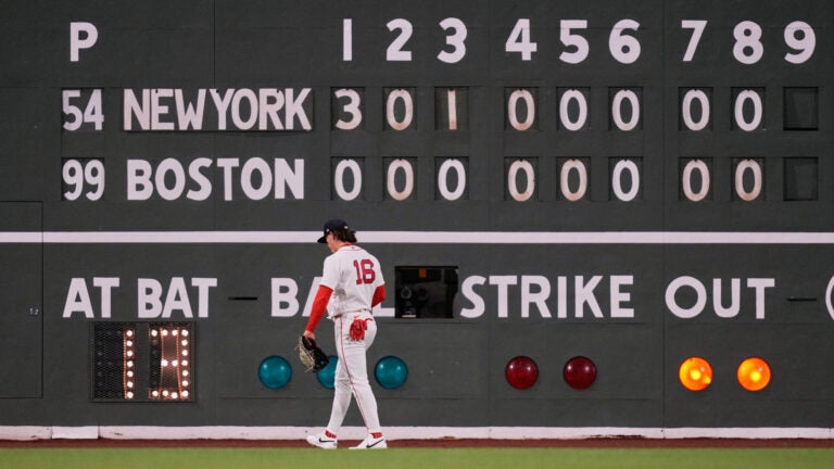 Boston Red Sox left fielder Jarren Duran walks back to his position during the eighth inning of a baseball game against the New York Yankees at Fenway Park, Wednesday, April 22, 2026, in Boston.