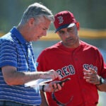Red Sox president of baseball operations Dave Dombrowski (left) makes a phone call while he was talking to manager Alex Cora (right) in the infield as pitchers did drills on the mound. Spring Training for the Red Sox continued today at the Player Development Complex at Jet Blue Park.