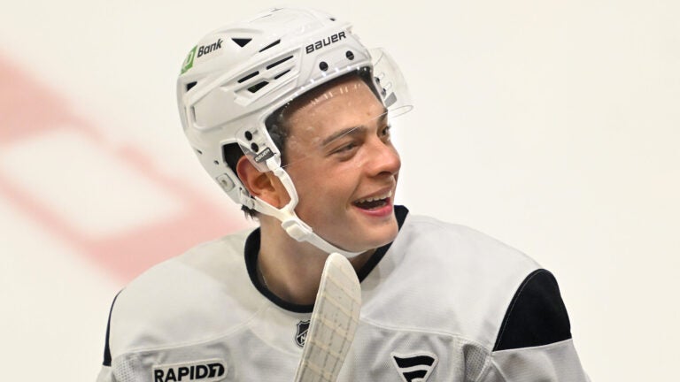 James Hagens, the Bruins’ 7th overall draft pick, smiles during a break during the first day of Bruins Development Camp at Warrior Arena in Brighton on Monday, June 30, 2025.