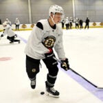 James Hagens, the Bruins’ 7th overall draft pick, does a drill during the first day of Bruins Development Camp at Warrior Arena in Brighton on Monday, June 30, 2025.