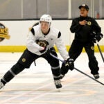 James Hagens, a Boston College center and the Bruins’ 7th overall draft pick, shoots the puck during the first day of Bruins Development Camp at Warrior Arena in Brighton on Monday, June 30, 2025.