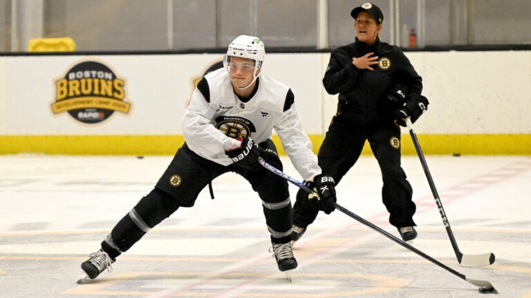 James Hagens, a Boston College center and the Bruins’ 7th overall draft pick, shoots the puck during the first day of Bruins Development Camp at Warrior Arena in Brighton on Monday, June 30, 2025.